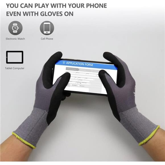 Work Gloves MicroFoam Nitrile Coated-6 Pairs,Seamless Knit Nylon Gloves,Gray - Picture 3 of 7